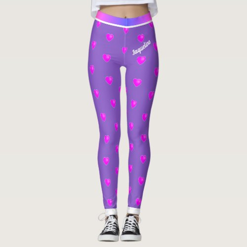 Pink Hearts with Your Name on Purple or Your Color Leggings