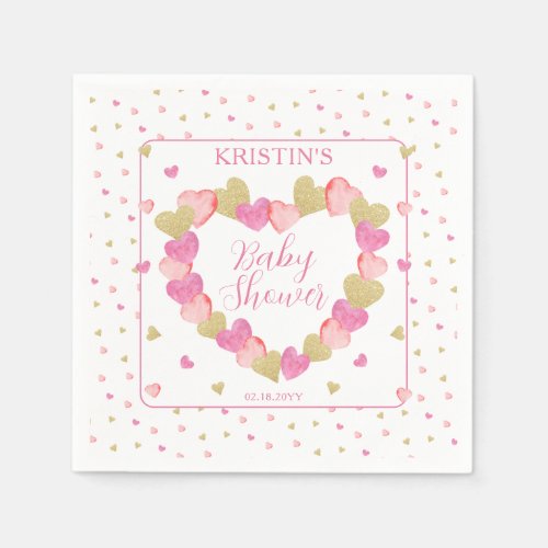 Pink Hearts Wreath A Little Sweetheart Baby Shower Napkins