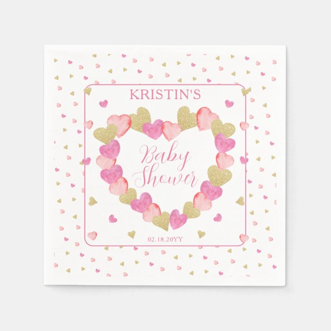 Pink Hearts Wreath A Little Sweetheart Baby Shower Napkins (Front)