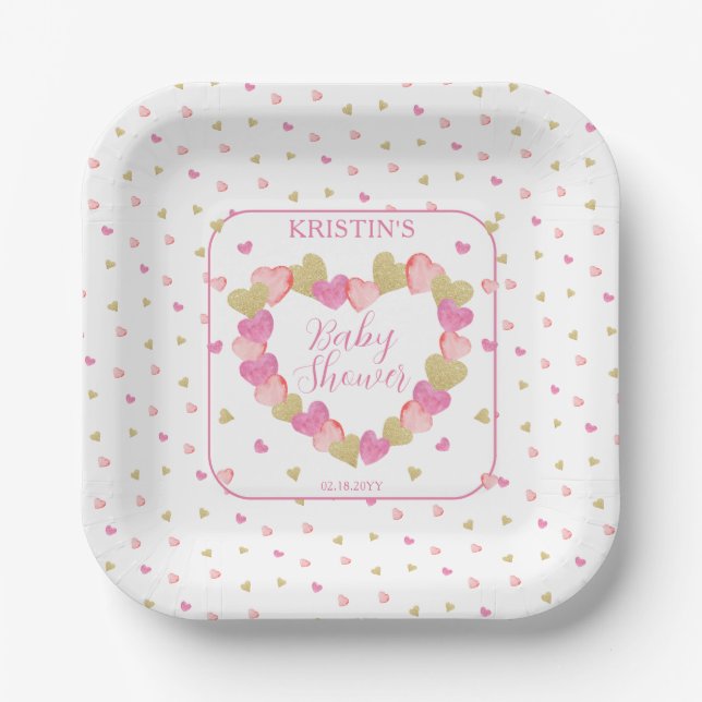 Pink Hearts Wreath A Little Sweetheart Baby Shower Paper Plates (Front)
