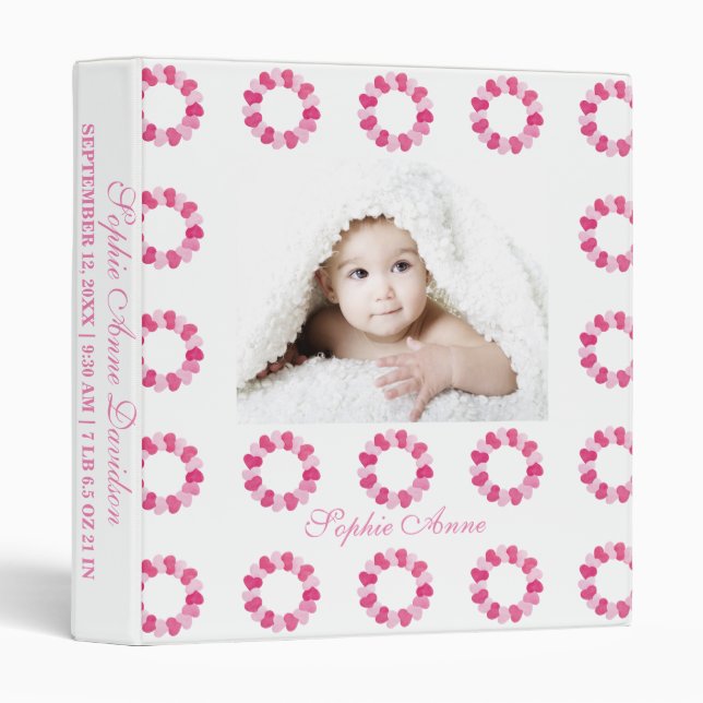 Pink Hearts Wreath Pattern Baby Photo First Year 3 Ring Binder (Front/Spine)