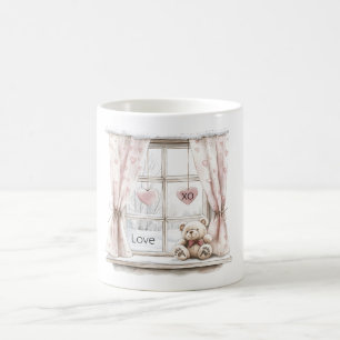 Pink Hearts XO Love Teddy Bear Window Coffee Mug