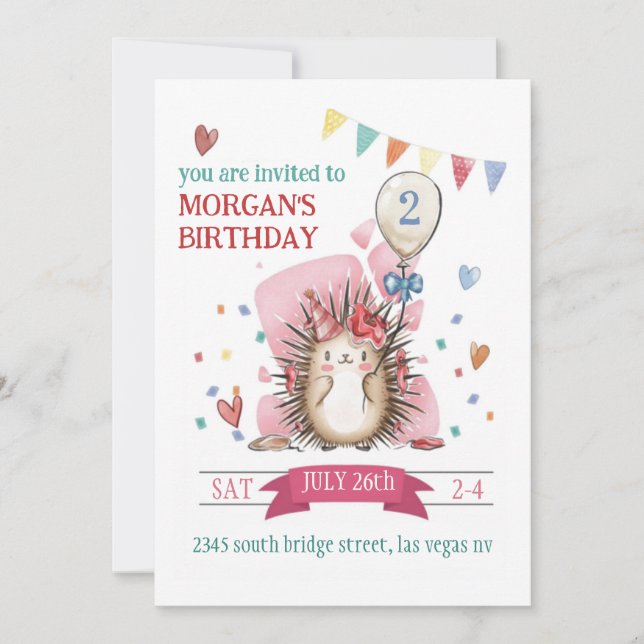 Pink Hedgehog Children's Birthday Invitation (Front)