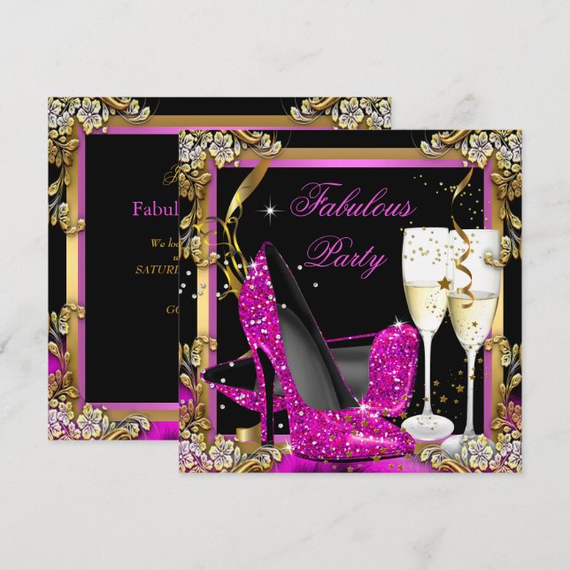 Pink Heels Gold Black Fabulous Champagne Party Invitation (Front/Back)