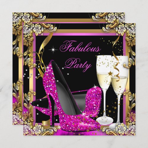 Pink Heels Gold Black Fabulous Champagne Party Invitation