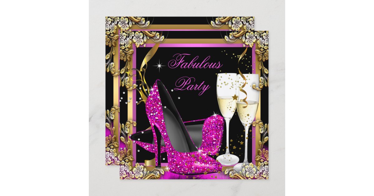 Pink Heels Gold Black Fabulous Champagne Party Invitation Zazzle 9942