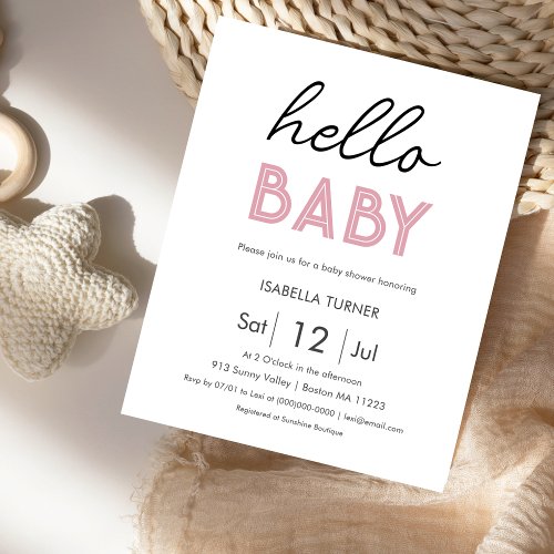 Pink Hello Baby  Baby Shower Invitation