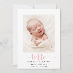Pink Hello Baby Birth Announcement Photo Card