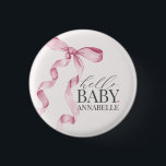 Pink Hello Baby Bow Girl Baby Shower Favors Button<br><div class="desc">Elevate your baby shower with this Coquette Pink Bow Party Decor! This timeless design adds a touch of elegance and charm to any event, featuring a beautifully crafted bow adorned with delicate pink hues. This collection is sure to impress your guests and create lasting memories and perfect for adding some...</div>