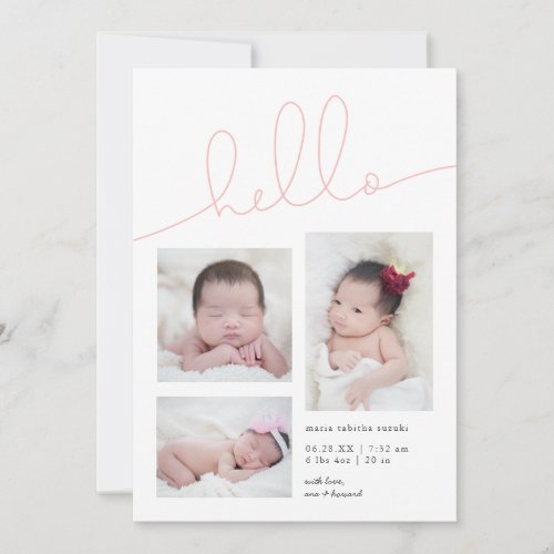 Pink Hello Script Multi Photo Girl Birth Announcement