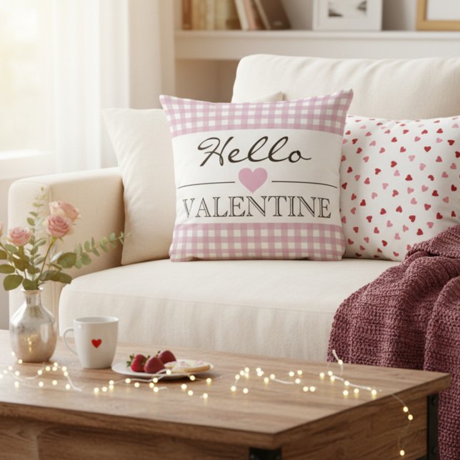 Pink Hello Valentine Plaid Gingham Throw Pillow (Creator Uploaded)