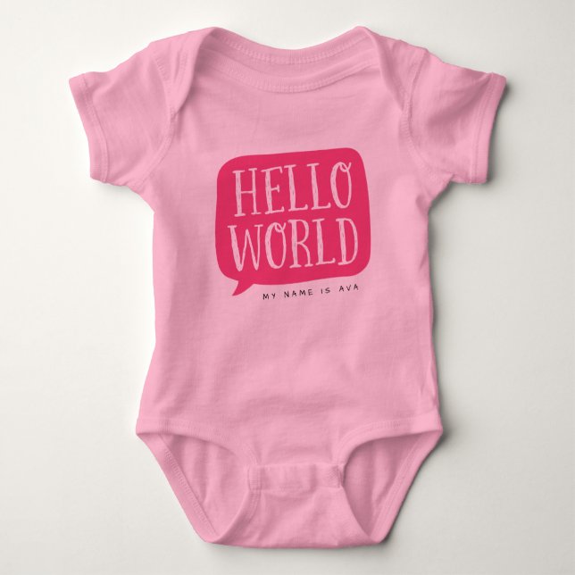 Pink Hello World Personalized Name Baby Bodysuit (Front)