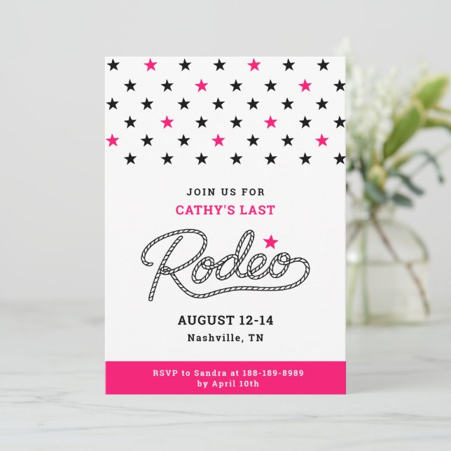 Pink Her Last Rodeo Bachelorette Party Invitation (Standing Front)