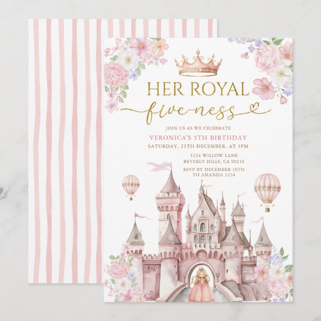 Pink Her Royal five-ness birthday Castle Crown Invitation (Front/Back)