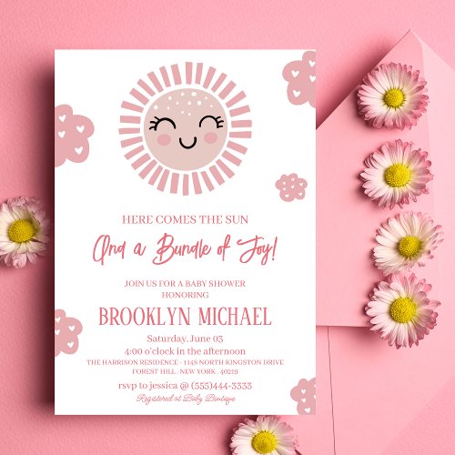 Pink Here Comes The Sun Sunshine Baby Girl Shower Invitation