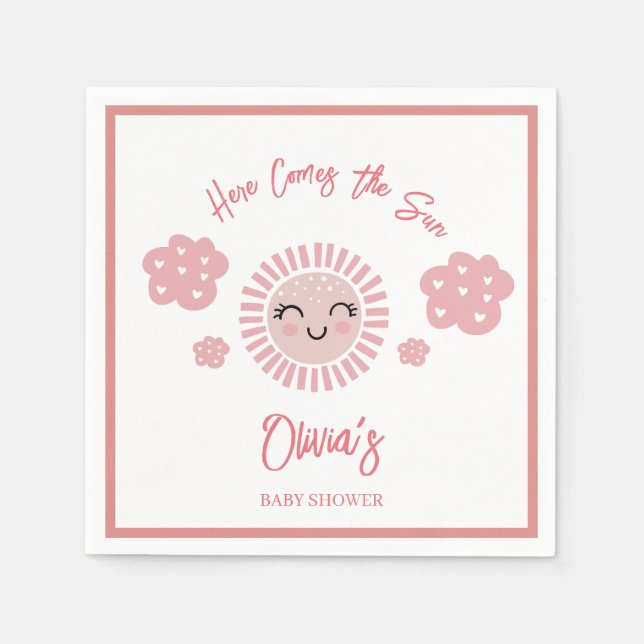 Pink Here Comes The Sun Sunshine Girl Baby Shower Napkins (Front)