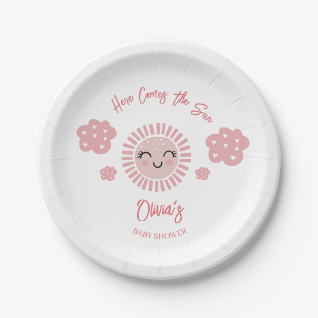 Pink Here Comes The Sun, Sunshine Girl Baby Shower Paper Plates (Front)