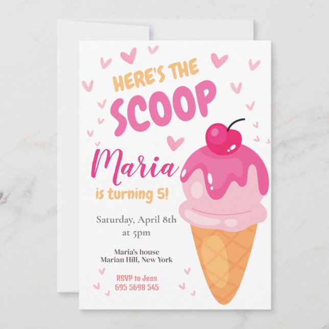 Pink Here's the scoop Girl Birthday Invitation (Front)