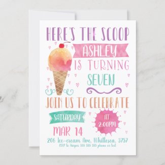 Pink Heres The Scoop Ice-Cream Birthday Invitation