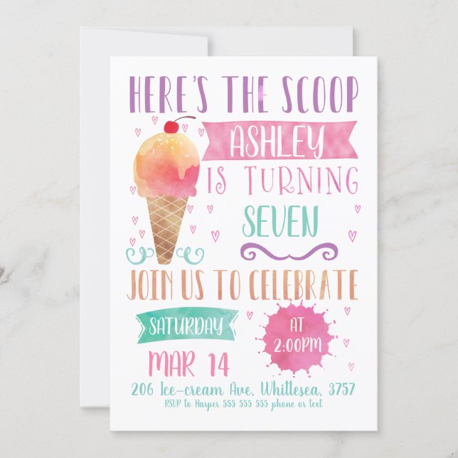 Pink Heres The Scoop Ice-Cream Birthday Invitation (Front)