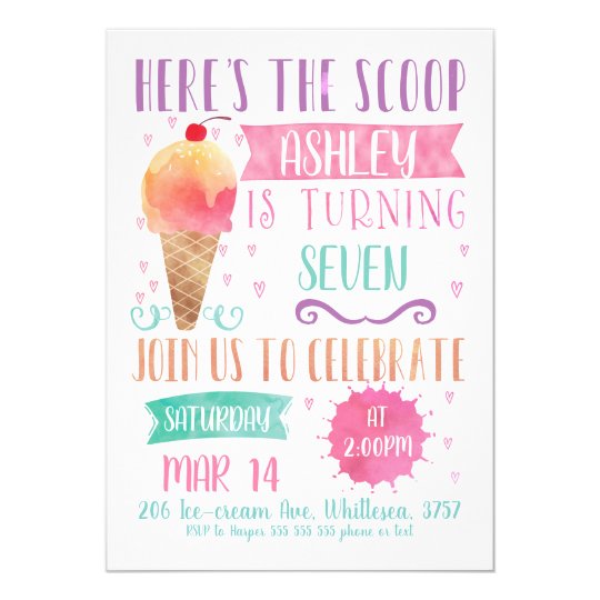 Pink Heres The Scoop Ice-Cream Birthday Invitation ...