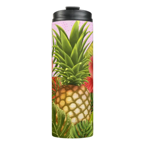 Pink Herons With Tropical Leaves And Pineapple Thermal Tumbler