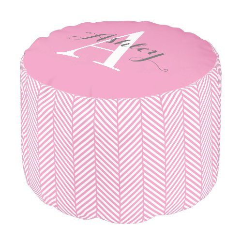 Pink Herringbone Custom Monogram Pouf