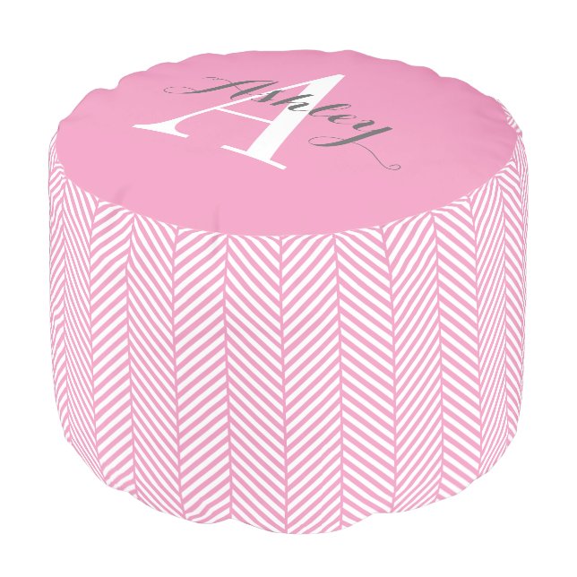 Pink Herringbone Custom Monogram Pouf (Angled Front)