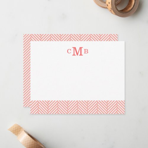 Pink Herringbone Custom Monogram Stationery Note Card