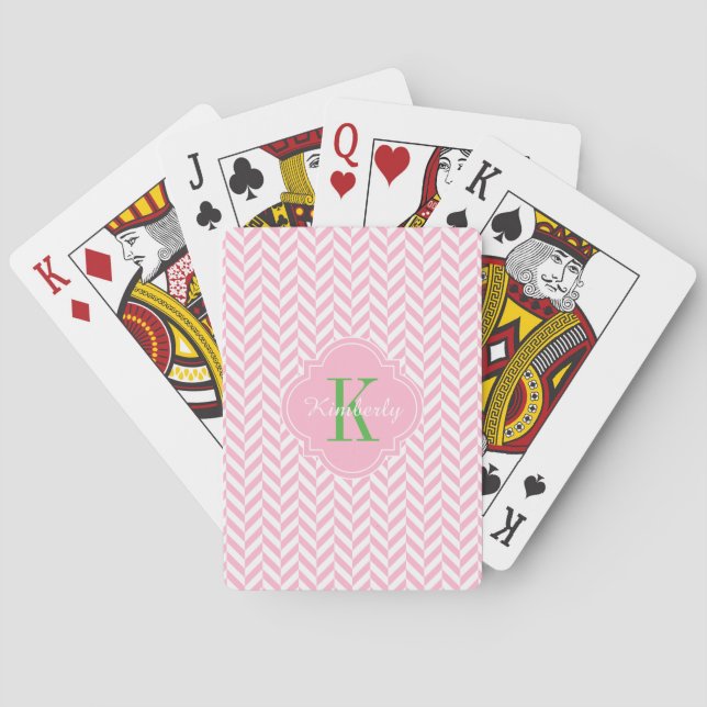 Pink Herringbone Green Monogram Poker Cards (Back)