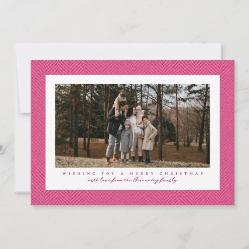 Pink herringbone tweed frame cute Christmas photo Holiday Card