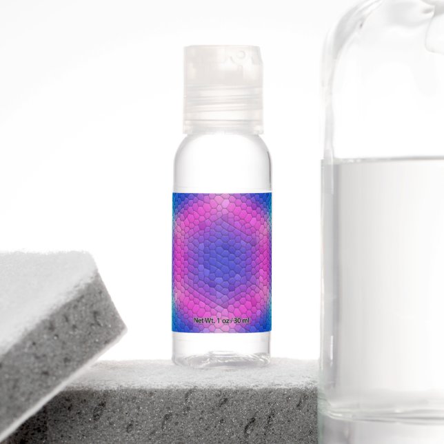 Pink Hexagon Mosaic on Blue Gradient Hand Sanitizer (Insitu)