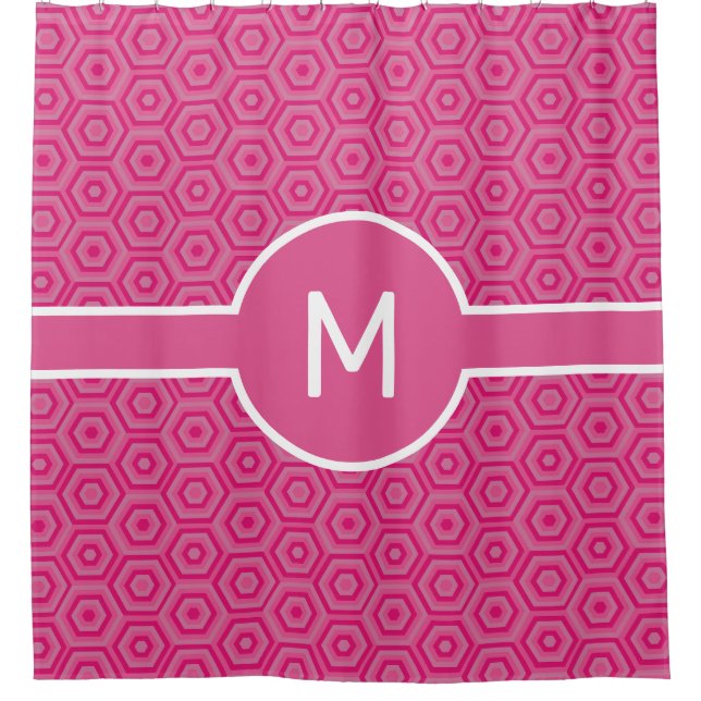 Pink Hexagons with Central Monogram Geometric Shower Curtain (Front)