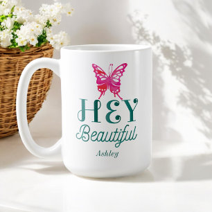 Pink Hey Beautiful Quote Green Typography Coffee Mug