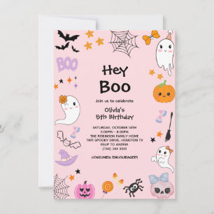 Pink Hey Boo Cute Ghost Halloween 5th Birthday Invitation