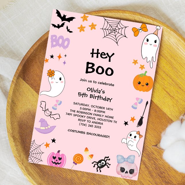 Pink Hey Boo Cute Ghost Halloween 5th Birthday Invitation (Pink Hey Boo Cute Ghost Halloween 5th Birthday Invitation )