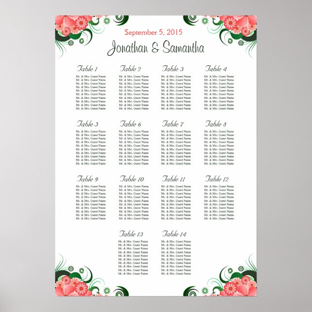 Pink Hibiscus 14 Wedding Tables Seating Charts (Front)