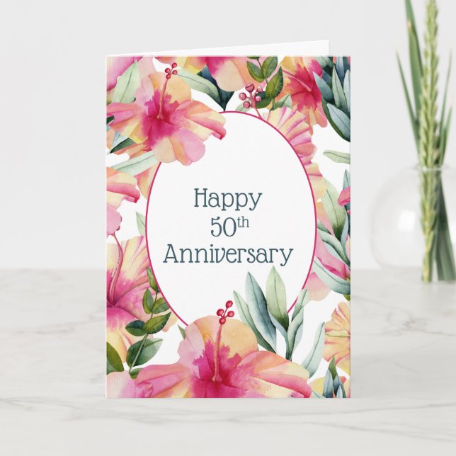 Pink Hibiscus 50th Wedding Anniversary Card (Front)
