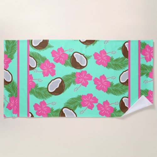 Pink Hibiscus and Half Coconuts Pattern Teal Beach Towel