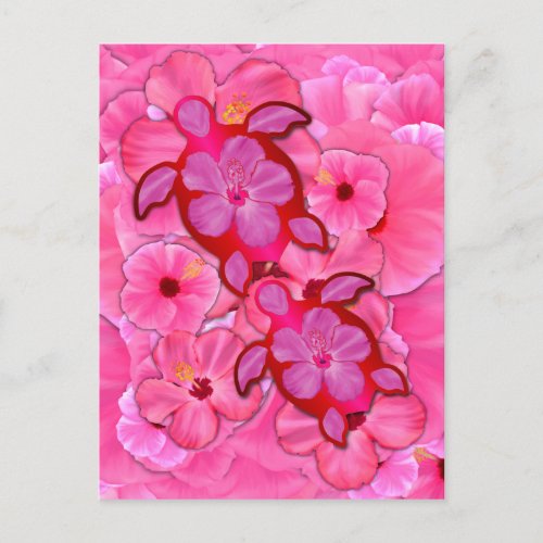 Pink Hibiscus And Honu Turtles Postcard