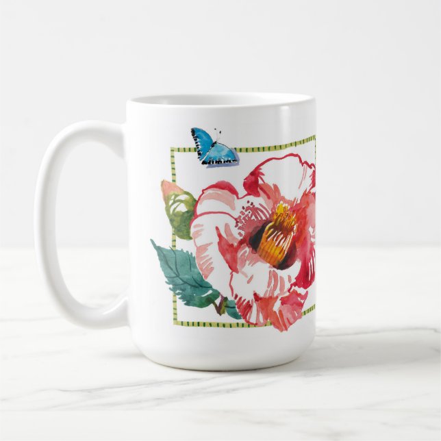 Pink Hibiscus and Red Camellia Garden Floral large Coffee Mug (Left)