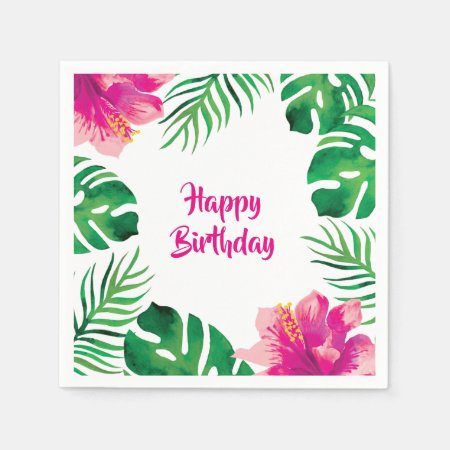 Pink Hibiscus And Tropical Leaves 2 Party Napkins