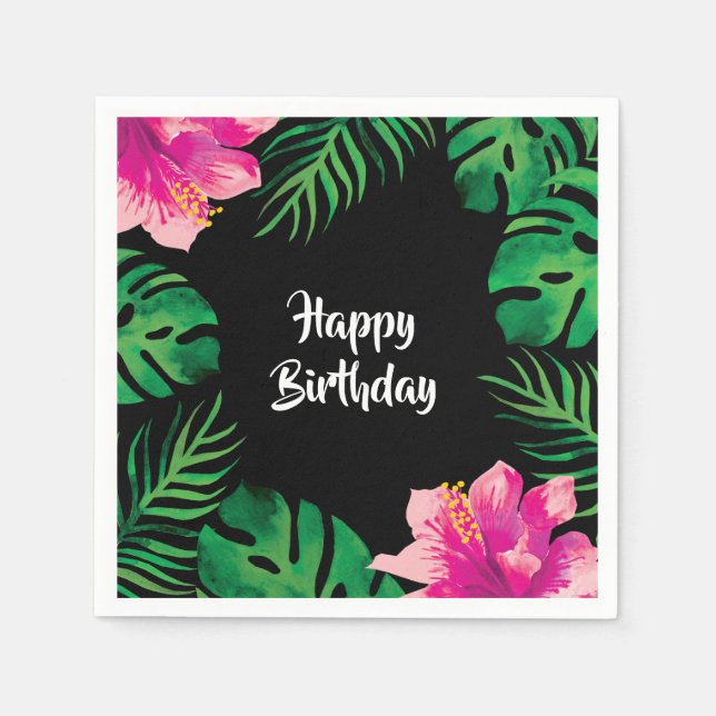 Pink Hibiscus and Tropical Leaves Party Napkins (Front)