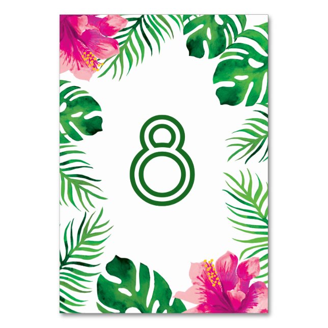 Pink Hibiscus and Tropical Leaves Table Number (Front)