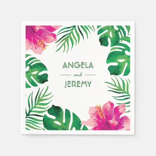 Pink Hibiscus and Tropical Leaves Wedding 2 Napkins