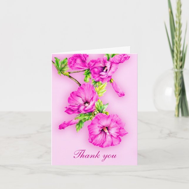 Pink hibiscus art wedding thank you card (Front)