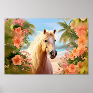 Pink Hibiscus Beach Palomino Horse Poster