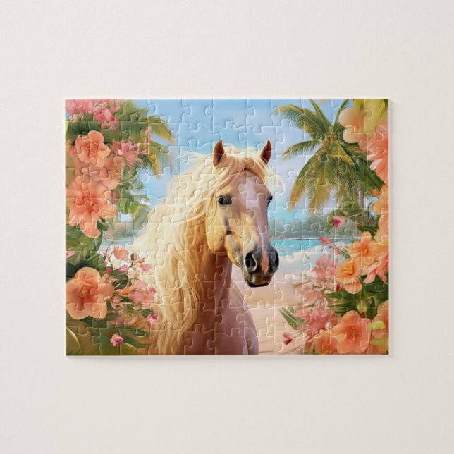 Pink Hibiscus Beach Palomino Horse Puzzle (Horizontal)
