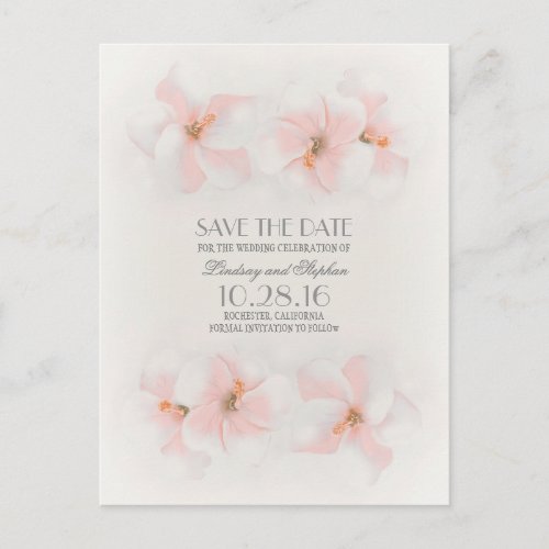 Pink hibiscus beach save the date postcards