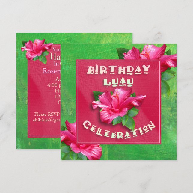 Pink Hibiscus Birthday Luau Party Invitations (Front/Back)